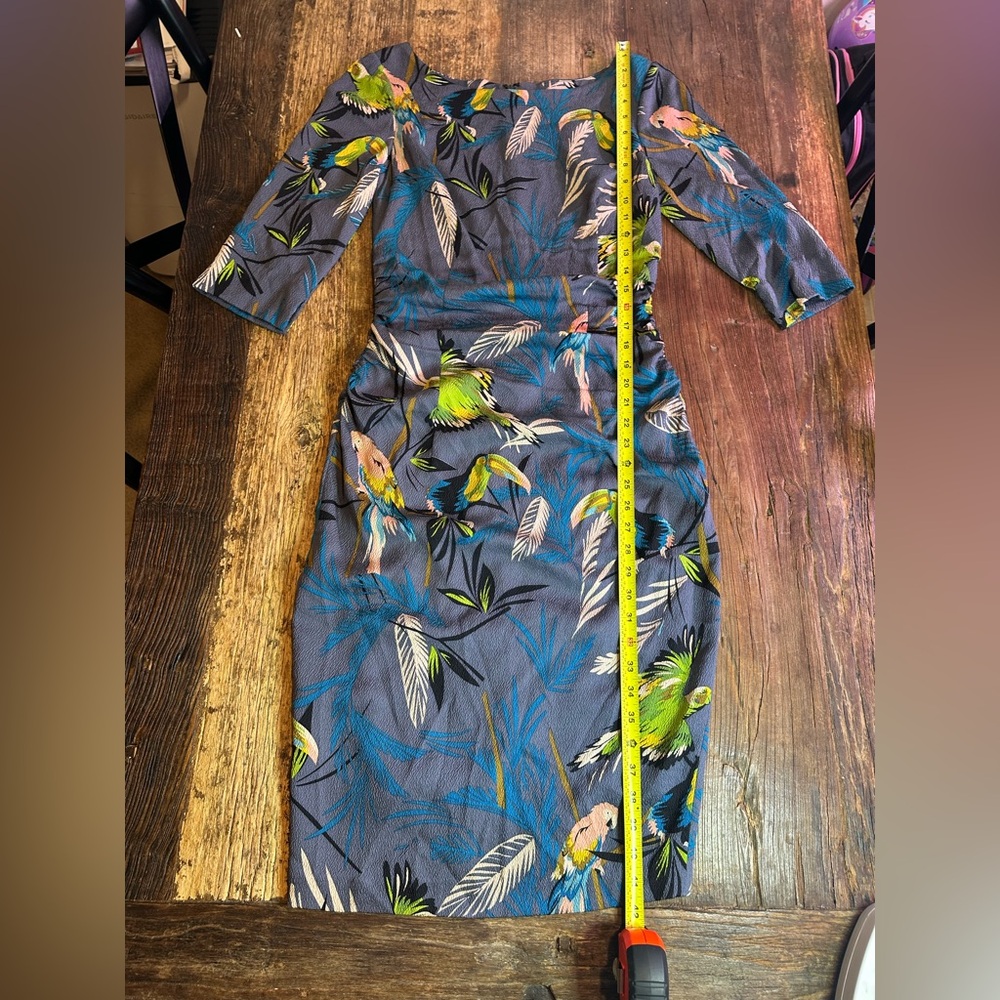 Tracy Reese Gray gathered design Midi Dress with Green & Blue Tropical Print